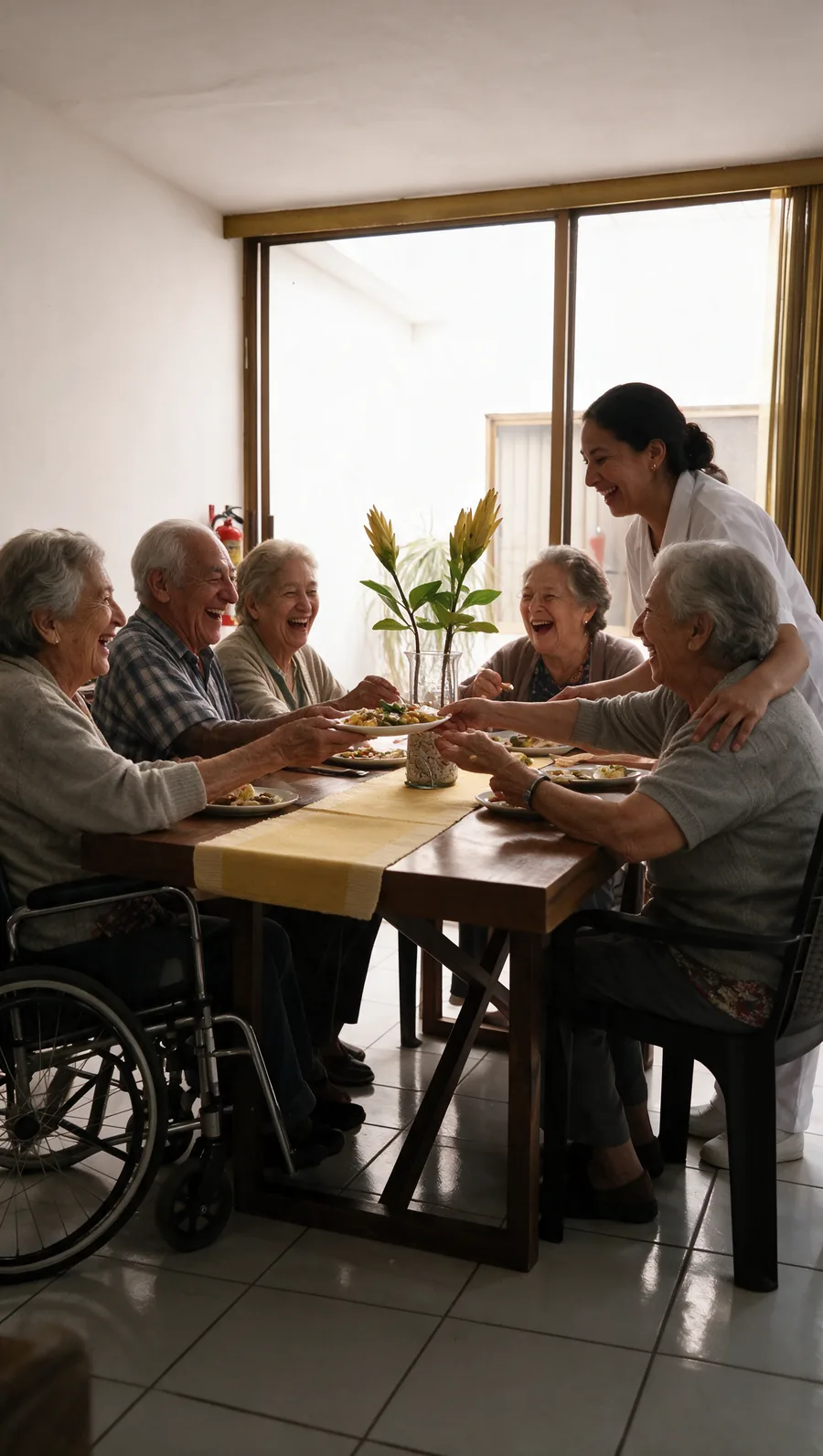 Residentes compartiendo la comida en el comedor con una cuidadora sirviendo